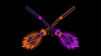 Two glowing neon broomsticks with orange and purple light effects crossing on black background, isolated for design use.