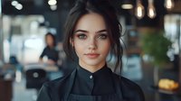 Young mixed race female barista in black uniform and apron looking at camera with confident expression. Modern cafe interior with bokeh lights in background.