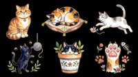 Cute watercolor cats clipart set isolated on transparent background, ready for stickers, t-shirt design, print on demand, and sublimation projects.