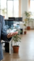 Businessman presenting holographic cloud computing interface with user and subscription icons in modern office environment for digital transformation concepts.