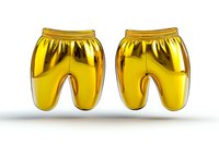 Metallic gold shorts floating in space against white background, shiny reflective surface creates luxurious sporty appearance. Isolated design element for activewear concepts.