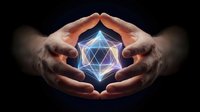 Hands protecting glowing geometric crystal structure with sacred geometry patterns on dark background for spiritual energy healing concepts.