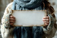 Woman in cozy winter sweater and scarf holding blank aged paper with burnt edges, creating mysterious vintage atmosphere for message or announcement.