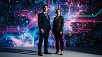 Two business professionals, man and woman in suits, standing before a glowing cosmic circuit board backdrop blending technology and space.
