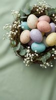 Colorful speckled Easter eggs nestled in rustic twig nest with delicate white flowers and eucalyptus leaves on soft green fabric background for spring celebration.