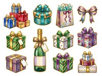 Colorful wrapped gift boxes and champagne bottle with decorative bows, isolated on white background for holiday, celebration, and party design projects.
