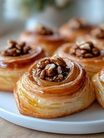 Fresh baked flaky pastry swirls topped with caramelized honey and crushed walnuts on white plate, close-up view showing layered dough texture and glossy finish.