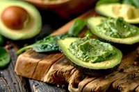 Fresh ripe avocado halves filled with creamy guacamole and black pepper on rustic wooden cutting board, selective focus with natural lighting.