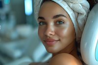 Young mixed race woman with bright blue eyes smiling after shower, wearing white towel on head. Natural beauty and skincare concept for spa and wellness advertising.
