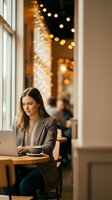 Young professional woman working on laptop in cozy cafe with warm bokeh lights, enjoying coffee break during remote work session.