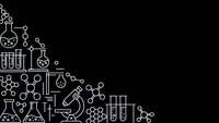 Science laboratory equipment and chemistry icons on black background with copy space for educational materials and research presentations.