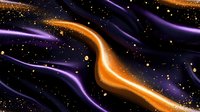Cosmic luxury abstract with flowing purple and gold waves against black background with glittering gold particles.