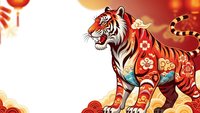 Ornate tiger with traditional Asian decorative patterns and floral motifs on warm background with red lanterns for lunar new year celebrations.