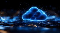 Glowing blue cloud computing concept with digital particles floating over dark wavy surface. Modern technology visualization for business presentations.