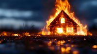 Dramatic burning wooden house at night with glowing windows and intense flames, reflecting in water puddles against dark stormy sky background.