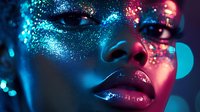 Close up portrait of African American woman with neon glowing makeup, glitter and sparkles on face in blue and pink colors against dark background.