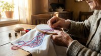 Elderly woman doing cross-stitch embroidery at wooden table, traditional needlework with colorful threads in cozy home interior.