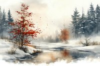 Serene winter landscape with red maple tree by frozen stream, misty forest background and snow-covered ground, watercolor style artwork for wall decor.