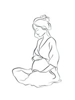 Minimalist line drawing of pregnant woman sitting peacefully with hands on belly, wearing loose robe with hair in bun, isolated on white background.
