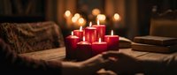 Red candles burning on wooden table with books creating warm cozy atmosphere for relaxation reading and home decoration during evening hours.