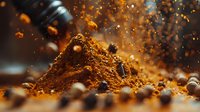Ground coffee powder and beans scattered in dynamic motion with flying particles against dark background, macro photography with selective focus.