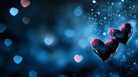 Glowing heart shapes float against dark blue bokeh background with magical sparkles and light effects, creating romantic atmosphere for Valentine's Day designs.