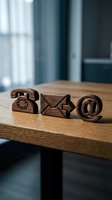 Wooden contact icons phone email at symbol on desk representing communication methods for business customer service and support.