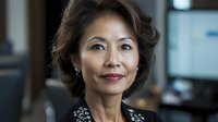 Professional Asian businesswoman with short brown hair smiling confidently in modern office environment, representing corporate leadership and success.