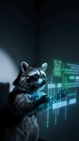 Raccoon hacker with digital interface screens and binary code in cybersecurity concept for technology and data protection themes.