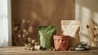 Eco-friendly paper bags in earth tones on wooden surface with dried flowers and stones, sustainable packaging concept for organic products and zero waste lifestyle.