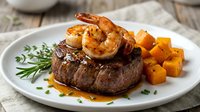 Succulent grilled beef steak topped with garlic butter shrimp, served with roasted sweet potato cubes and fresh rosemary garnish on white plate.
