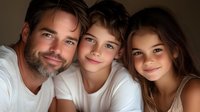 Happy Caucasian father with beard embracing his two children, son and daughter, in warm family portrait showing love and togetherness at home.