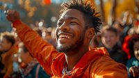 Young African American man with bright genuine smile wearing orange jacket at outdoor event, expressing joy and celebration among crowd. Perfect for advertising, lifestyle and diversity campaigns.