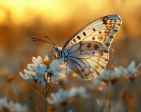 White butterfly with brown spots perched on small white flower against warm golden sunset background, creating dreamy natural macro photography effect.