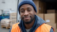 Young African American male warehouse worker wearing orange safety vest and blue beanie smiling at camera, standing in front of cardboard boxes and shipping pallets.