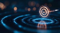 Glowing target with arrow in center surrounded by blue circular waves and bokeh lights, representing business goals and achievement in dark background.