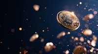 Golden cryptocurrency coin floating among glowing particles and bokeh lights against dark blue background, representing digital currency, blockchain technology, and financial investment opportunities.