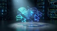 Digital network connectivity concept with glowing wifi symbols and cursor icons floating above circuit board background in modern data center environment.