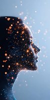 Silhouette profile with magical glowing particles and sparkles creating ethereal effect against blue background, representing transformation and inner light.