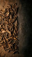 Dried plant roots and organic matter scattered on dark textured ground, creating natural patterns and shadows for botanical and nature-themed designs.