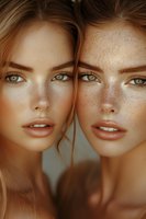 Two young Caucasian women with freckles and blonde hair in close portrait showing natural beauty and skincare concepts for cosmetic advertising campaigns.