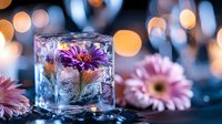 Pink gerbera daisy frozen in ice cube with bokeh lights background creates magical atmosphere. Creative floral photography with frozen flowers.