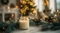 Glowing candle in glass jar surrounded by pine branches on wooden table with festive bokeh lights and Christmas tree in background.