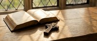 Open bible with ornate wooden cross on rustic table near diamond-paned window, warm sunlight creating peaceful atmosphere for prayer and meditation.