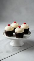 Chocolate cupcakes with cream cheese frosting and red heart decorations on white cake stand for Valentine's Day celebration and romantic dessert occasions.