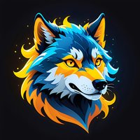 Mystical wolf head with vibrant blue and orange fur glowing against dark background, fierce yellow eyes and decorative flame-like mane for gaming mascot design.