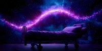Mystical hospital bed illuminated by cosmic purple energy stream against starry night sky background, representing dreams, healing and spiritual journey.