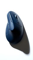 Dark navy blue ergonomic vertical wireless computer mouse on white background, isolated with dramatic shadow, top view studio shot.