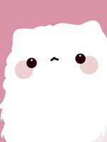 Cute cartoon character with fluffy white appearance and kawaii facial expression on pink background. Perfect for children's designs.