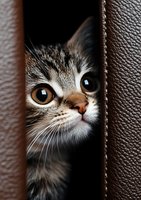 Curious tabby cat peeking through leather furniture gap, close-up portrait showing bright eyes and whiskers against dark background, creating playful hiding moment.